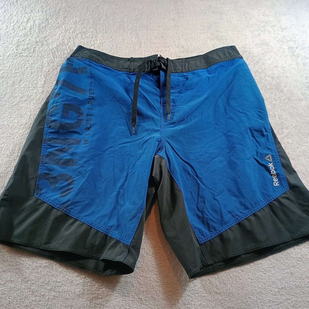 Reebok Mens PlayDry Athletic Shorts Blue Black Large Zipper Pocket Gym Workout
